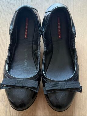 Prada Black Patent Leather Bow Flats